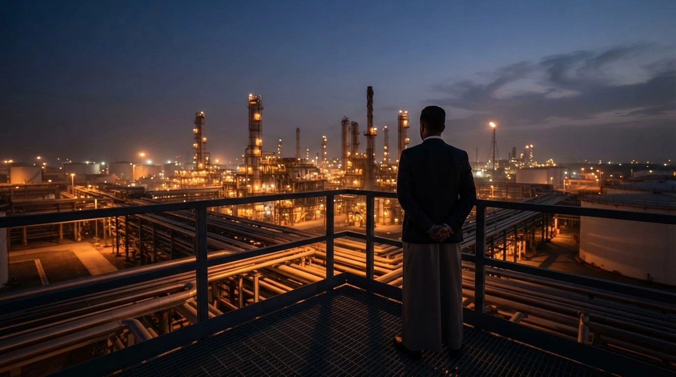 The Saudi Energy Minister stands overlooking a large oil refinery facility that represents the kingdom's critical energy infrastructure.