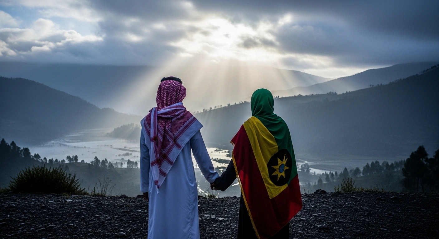 A symbolic scene showing two figures representing Saudi Arabia and Ethiopia standing together in a misty landscape to express solidarity following severe floods and landslides.
