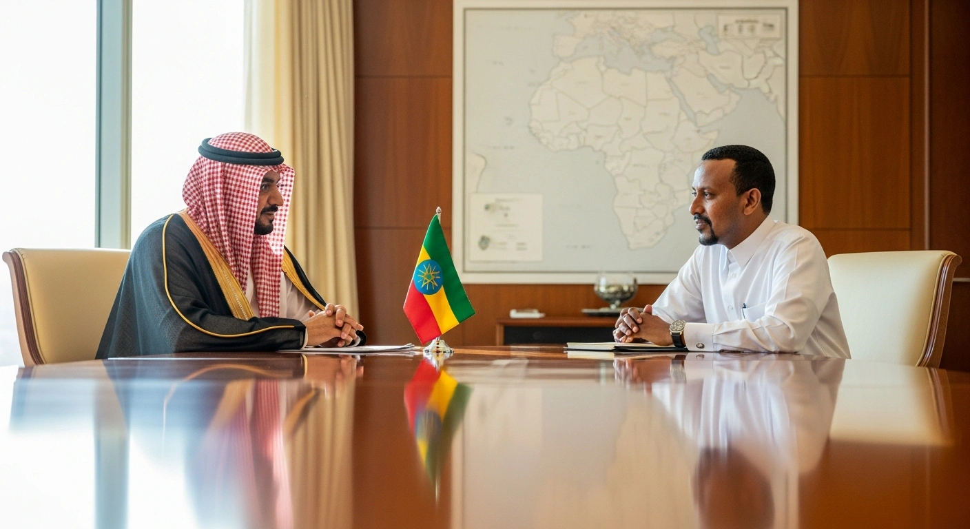 A wide, slightly low-angle shot shows Saudi Foreign Minister Prince Faisal bin Farhan Al Saud and Ethiopian Prime Minister Abiy Ahmed seated at a conference table, engaged in discussions about strengthening bilateral ties, expanding cooperation, and enhancing regional peace and security in the Horn of Africa and Red Sea.
