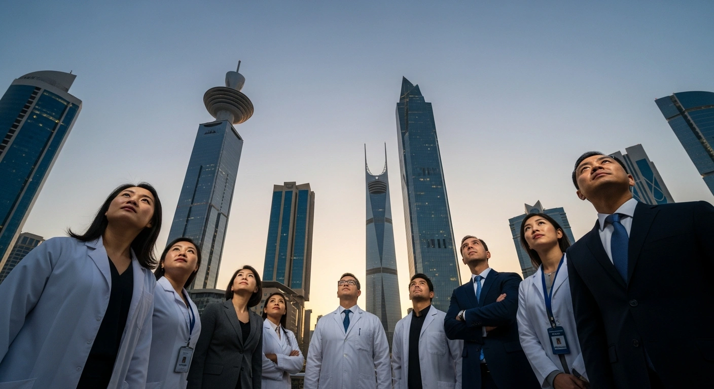 A diverse group of highly skilled professionals, including scientists and executives, stand in the foreground, looking towards a modern, illuminated Saudi Arabian cityscape at twilight, symbolizing the nation's initiative to attract exceptional talent for scientific, administrative, and research fields under Vision 2030.