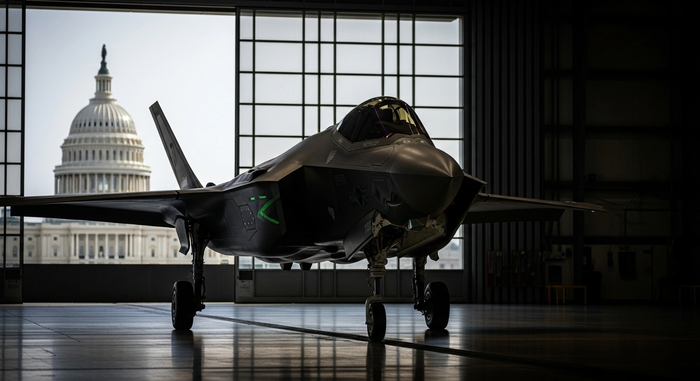 A low-angle shot of a sleek F-35 Lightning II stealth fighter jet in a modern hangar, reflecting green and gold hues, with the blurred dome of the U.S. Capitol building visible in the background, symbolizing the ongoing approval process for Saudi Arabia's request for the jets.