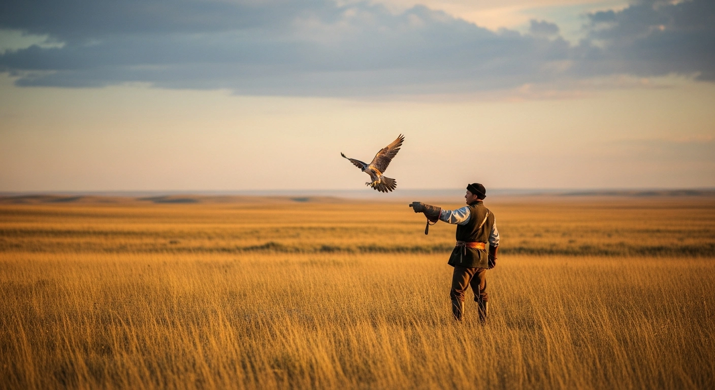 A falconer releases a falcon into the wild in Kazakhstan as part of a Saudi Falcons Club conservation initiative.