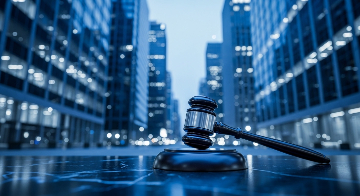 A polished gavel rests on a dark surface in front of a modern city skyline, representing the Saudi government's new regulations for managing assets seized in financial crime cases.