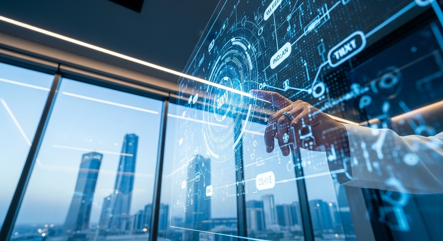 A hand wearing a traditional Saudi ring interacts with a holographic display showing complex digital financial data, set within a modern Fintech Lab with Riyadh's skyline visible at dusk, representing Saudi Arabia's advancement in financial innovation and the issuance of fintech experimental permits under Vision 2030.