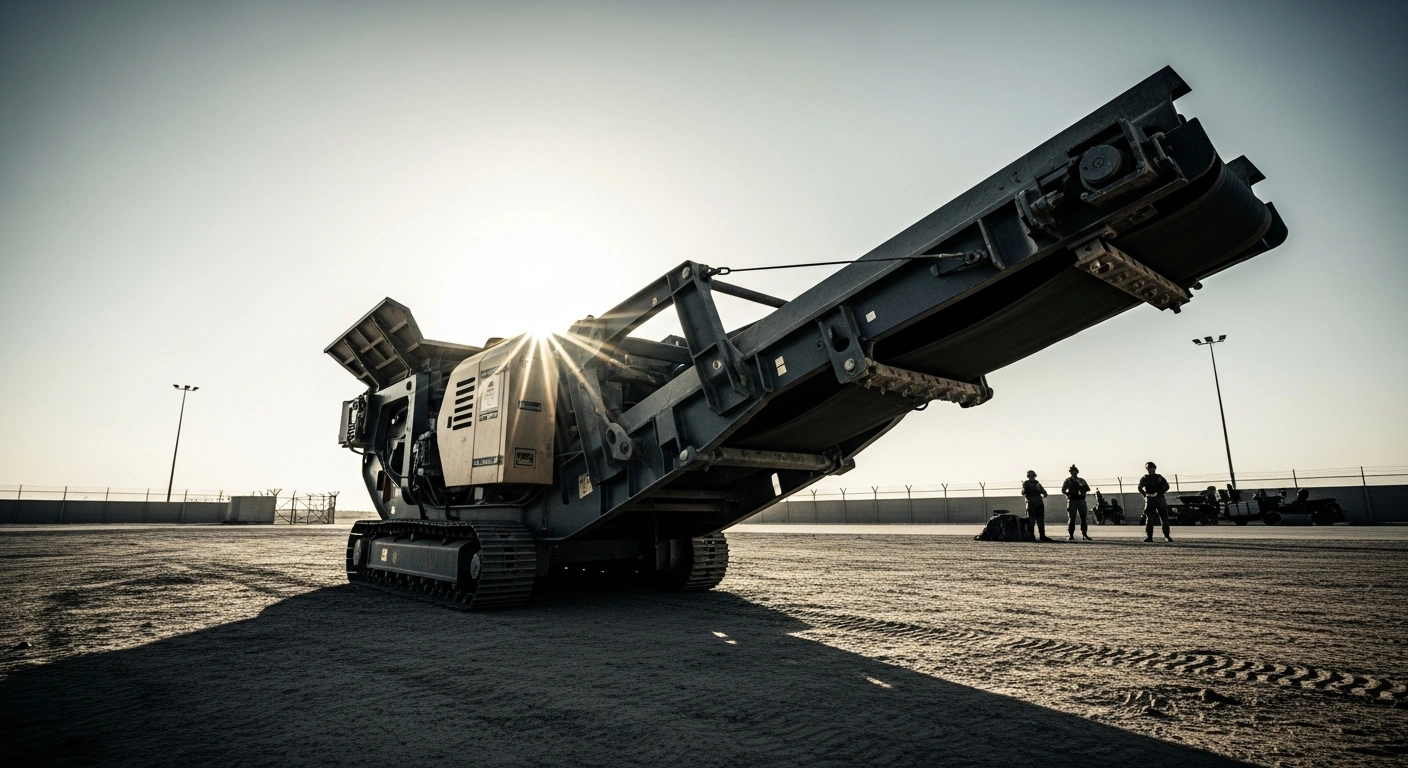 Saudi Arabian security forces inspect a large industrial rock crusher used to conceal a massive shipment of illegal amphetamine pills at a border crossing.
