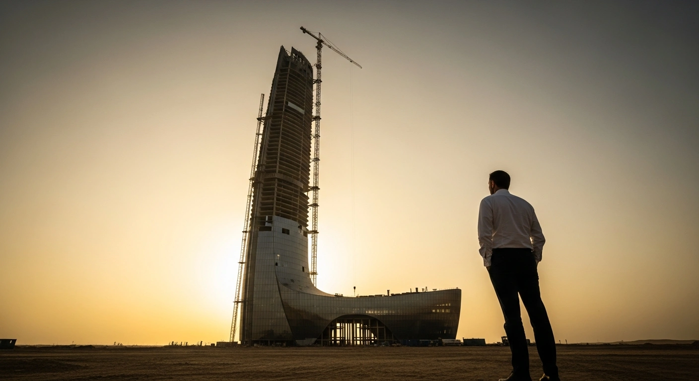 A lone foreign professional, silhouetted against the setting sun, stands before a partially constructed, futuristic skyscraper in a Saudi Arabian desert, reflecting the country's reduced salary premiums for foreign professionals due to tightened government spending and delayed megaprojects.