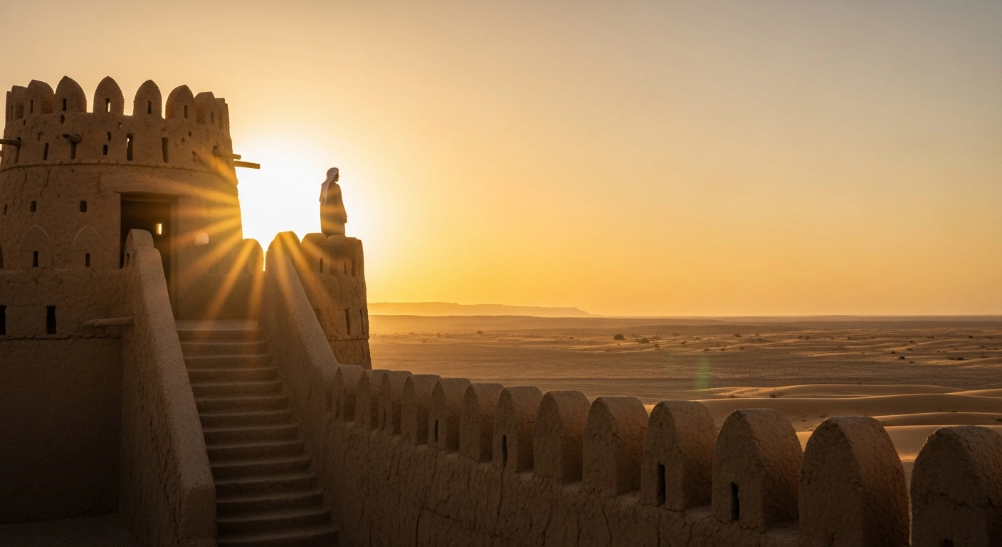 A historical mud-brick fort, reminiscent of Diriyah, is bathed in the golden light of dawn, with a silhouetted figure standing on a rampart overlooking a vast desert, symbolizing the establishment of the First Saudi State in 1727 by Imam Muhammad bin Saud and Saudi Arabia's Founding Day.