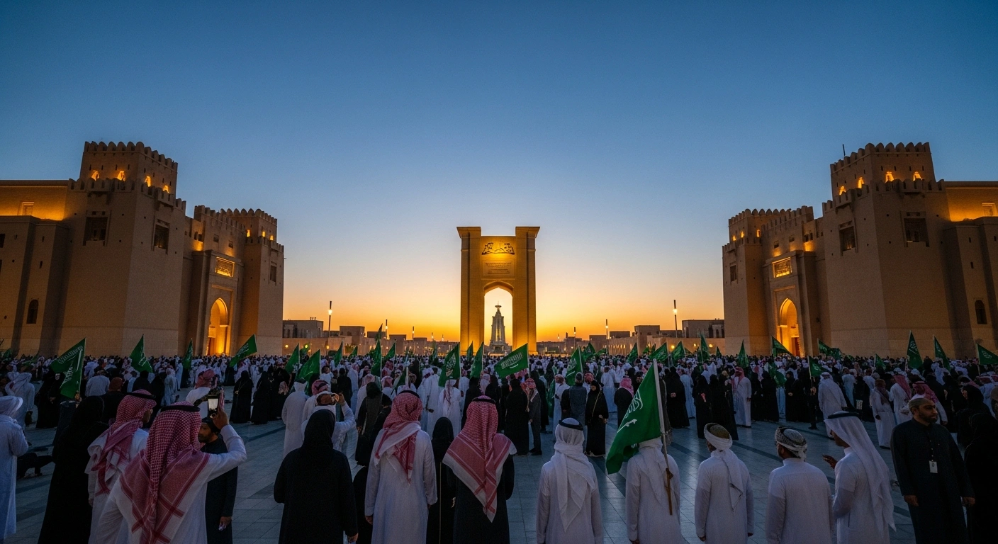 A wide-angle view of a grand public square in Saudi Arabia at twilight, showing a diverse crowd in traditional attire celebrating near ancient, sand-colored architecture and a subtly illuminated monument, symbolizing the nation's deep historical roots and cultural heritage on its Founding Day.