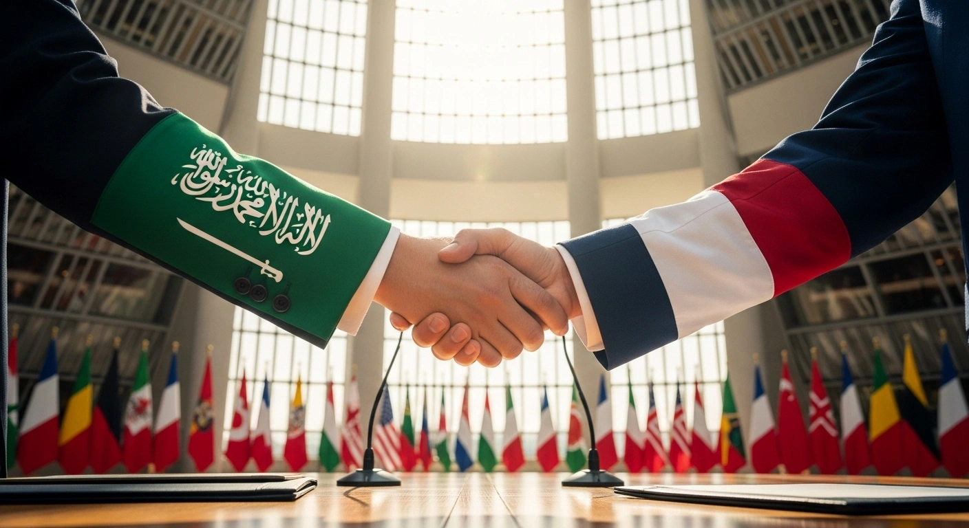 A symbolic handshake between representatives of Saudi Arabia and France at a high-level international conference, signifying the welcome of Palestine's recognition and the reinforcement of the two-state solution.