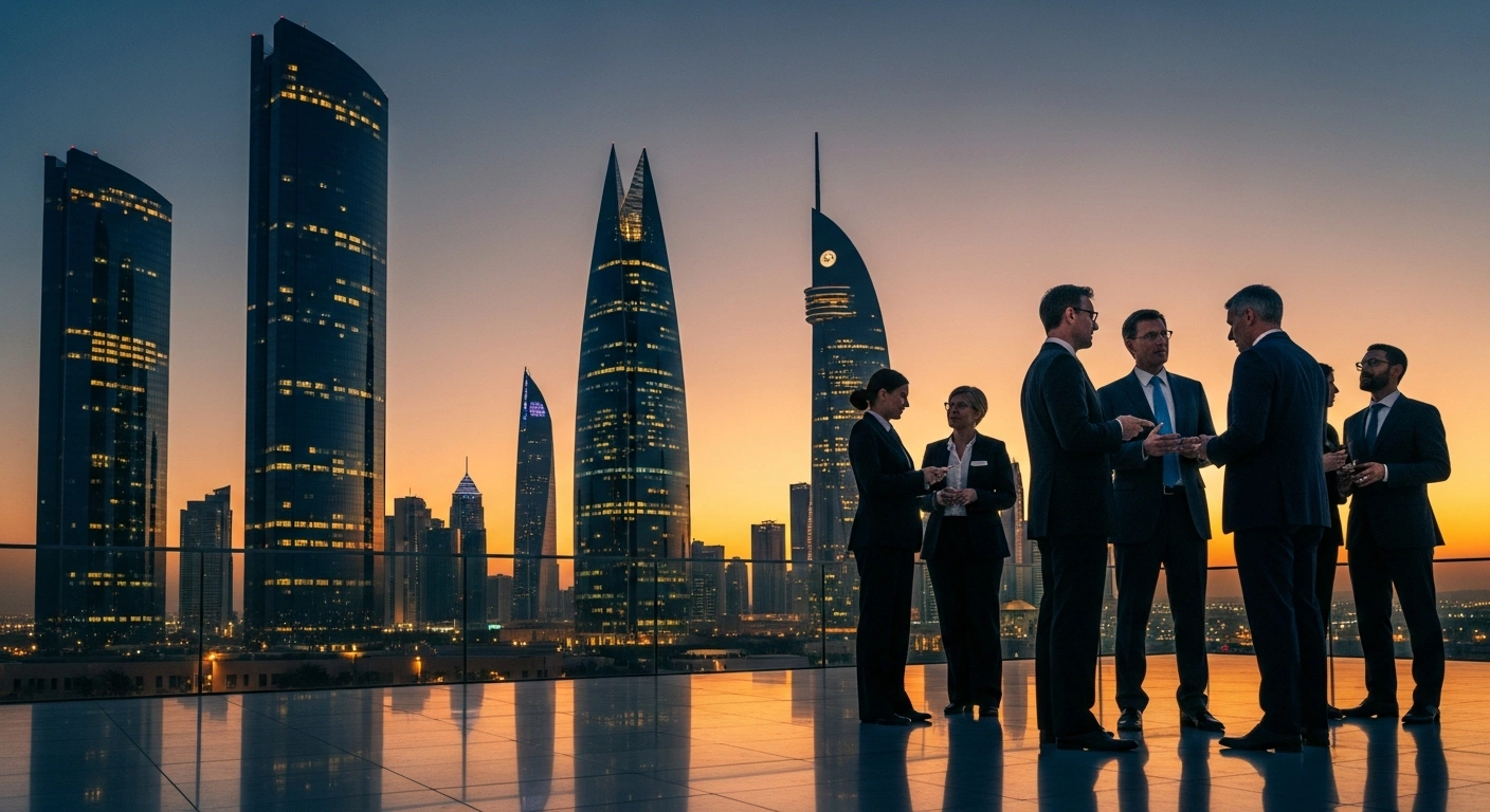 International business leaders gather on an observation deck overlooking the illuminated Riyadh skyline during the Future Investment Initiative in Saudi Arabia.