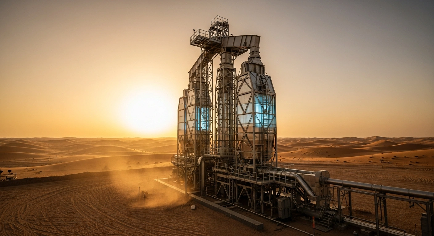A wide, low-angle shot at golden hour shows towering, futuristic energy extraction equipment with blue internal luminescence against a vast desert landscape, symbolizing Saudi Arabia's unconventional gas development and energy diversification.