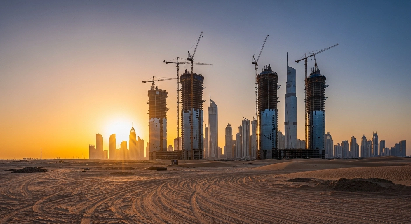 A panoramic view of a massive construction site in the Saudi Arabian desert at sunset, featuring numerous towering cranes and partially built futuristic skyscrapers under a golden sky, representing the rapid execution and economic diversification goals of Saudi Arabia's Vision 2030 giga projects, which have seen a significant increase in awarded contracts.