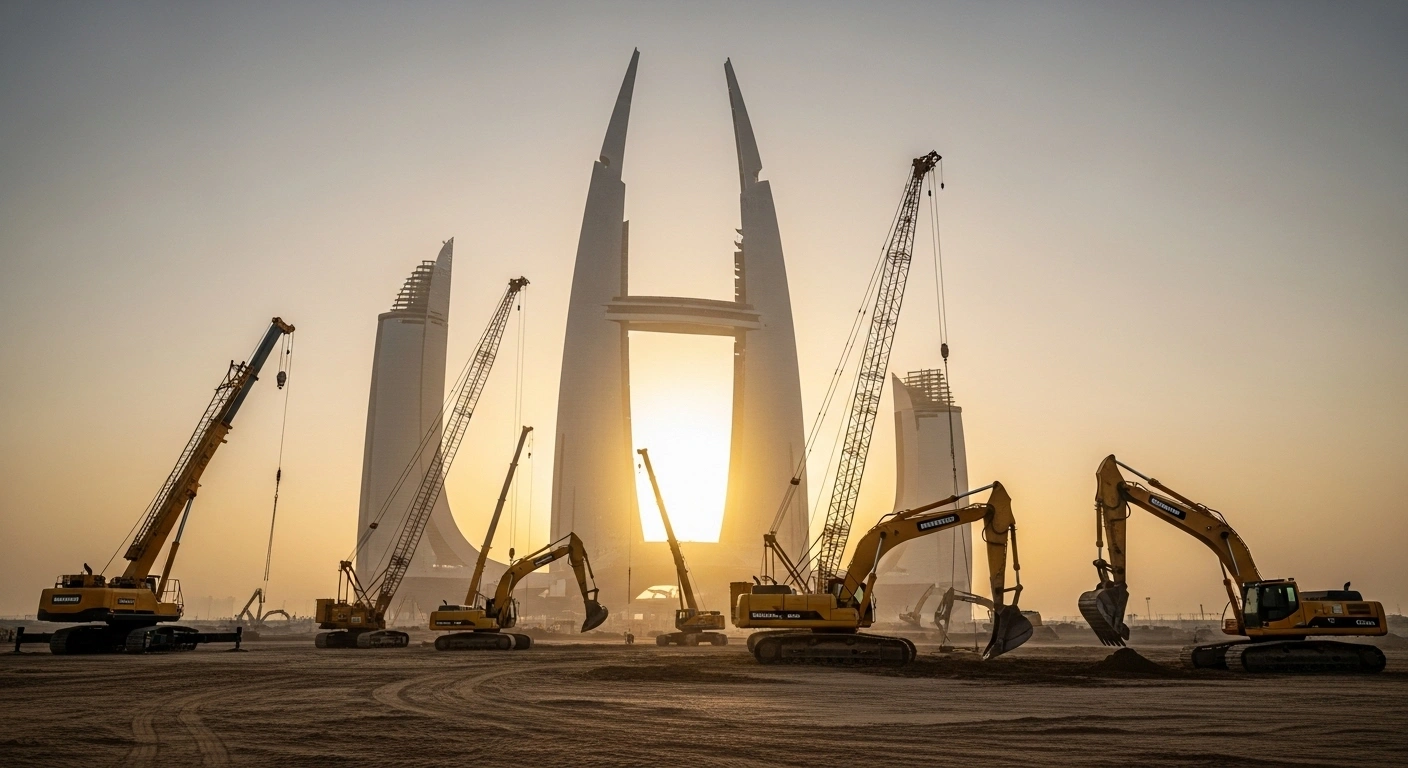 A wide-angle, low-shot photograph depicts a vast Saudi Arabian desert landscape at sunrise, where colossal, futuristic giga projects are actively under construction with numerous cranes and heavy machinery, symbolizing the rapid execution of $196 billion in contracts awarded for Vision 2030 economic diversification by 2025.