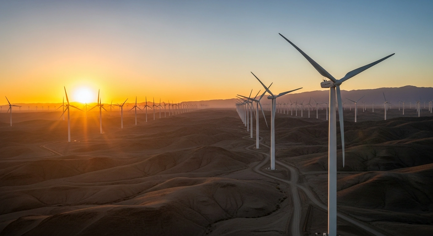 A panoramic view of a vast desert at sunset, with numerous colossal white wind turbines extending into the distance, symbolizing the 3GW PIF Wave 5 Wind Projects in Saudi Arabia, set to be the world's largest onshore wind farm, powered by Goldwind turbines and supporting Vision 2030.
