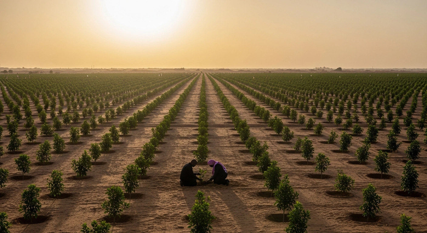 A wide shot at golden hour depicts a newly greened landscape in Al-Ahsa's Al-Asfar National Forest and Park, where a figure plants a young sapling amidst rows of vibrant trees, representing the Saudi Irrigation Organization's 2025 National Greening Season and its goal to plant 100,000 trees for Saudi Vision 2030 and the Saudi Green Initiative.