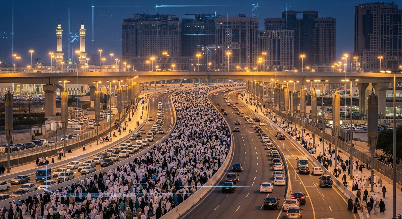 Saudi authorities monitor the organized movement of pilgrims in Makkah using advanced AI-driven traffic management systems for the 2026 Hajj season.