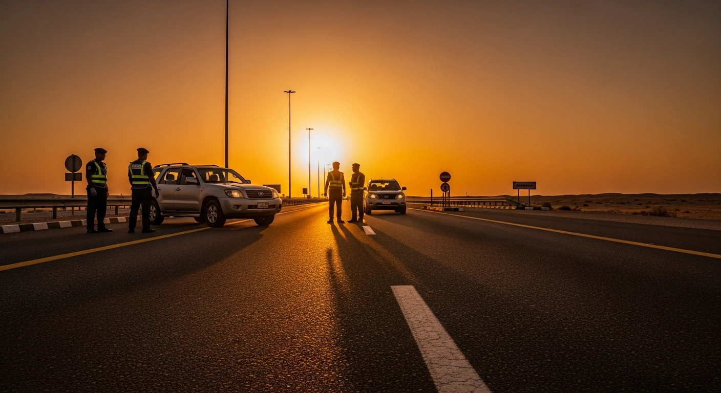 Saudi Arabian security forces conduct a vehicle inspection at a checkpoint to enforce Hajj permit regulations.