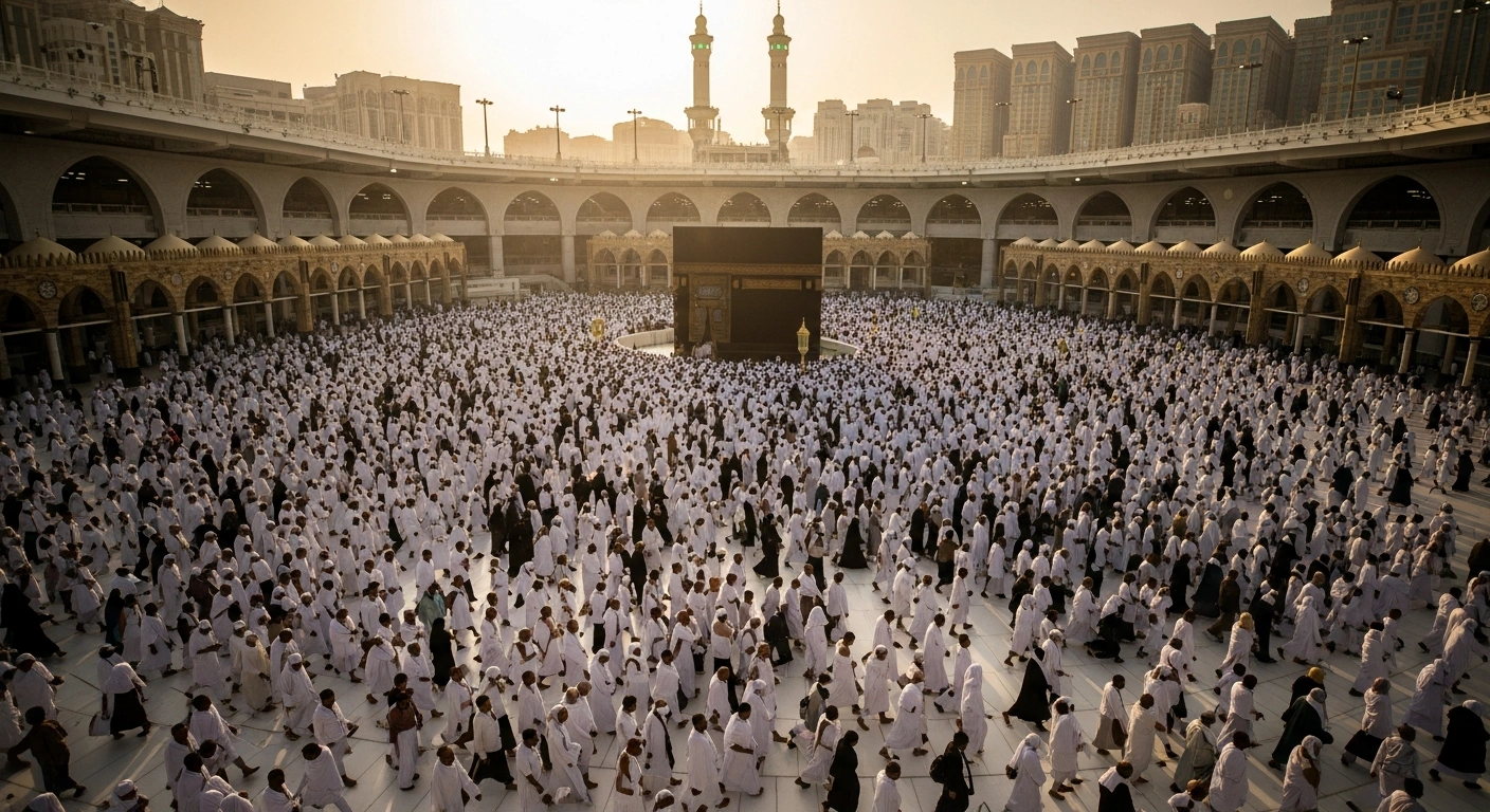 A massive crowd of international pilgrims in white garments gathers in Mecca to perform the 2026 Hajj pilgrimage.