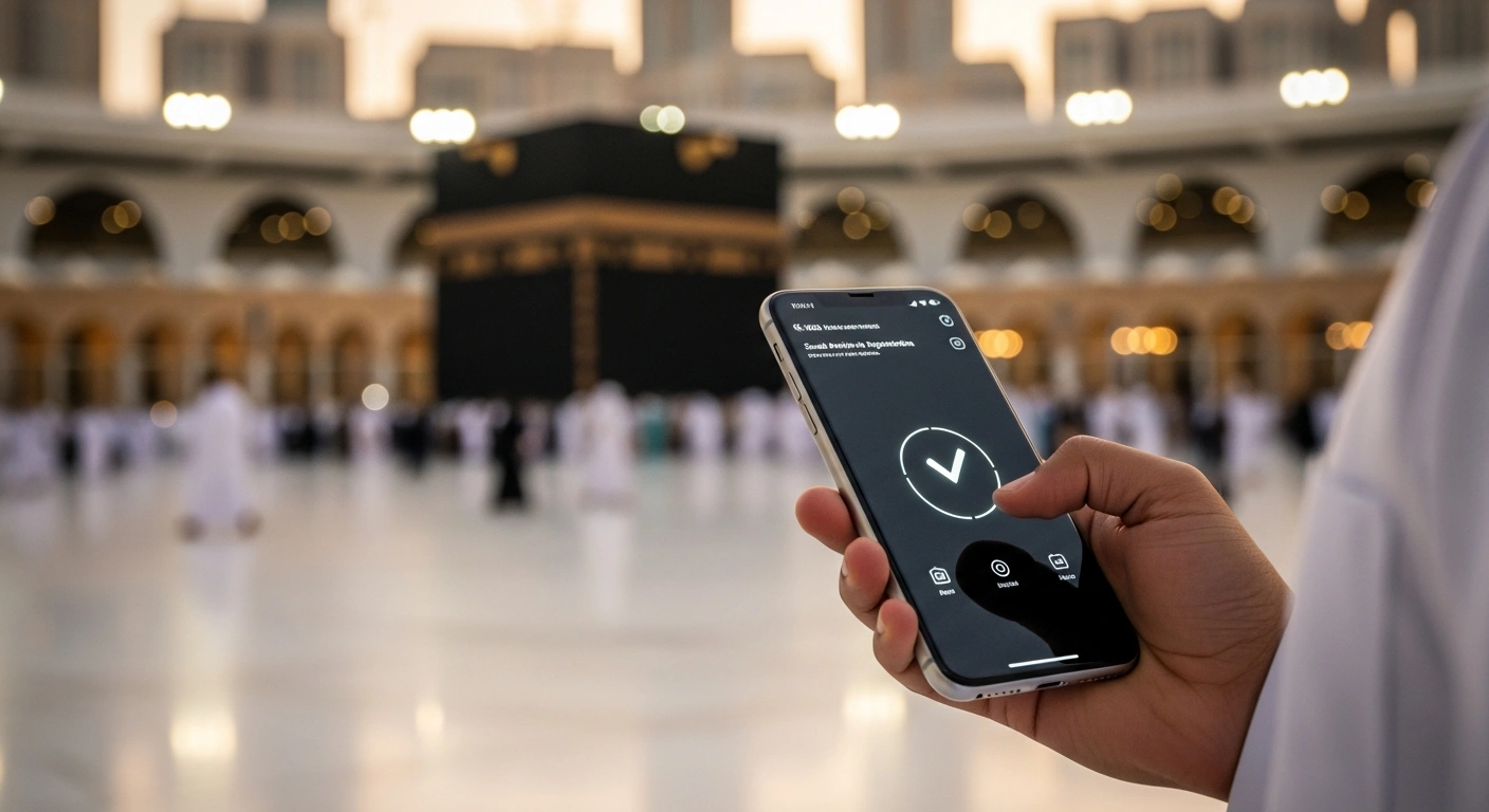 A person uses a smartphone to register for Hajj pilgrimage packages through the official Saudi government application.