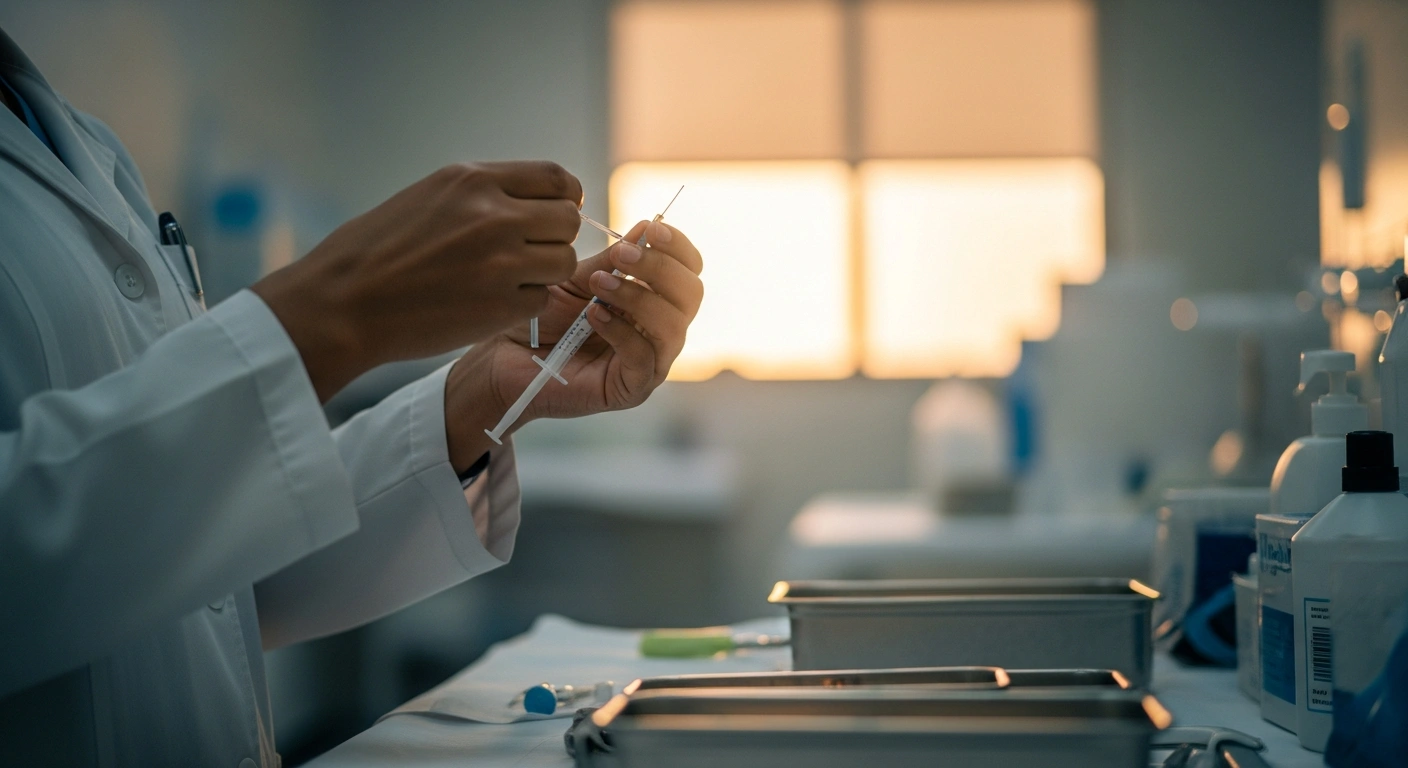 A healthcare worker prepares a meningococcal vaccine in a Saudi Arabian clinic to ensure the safety of personnel during the Hajj season.