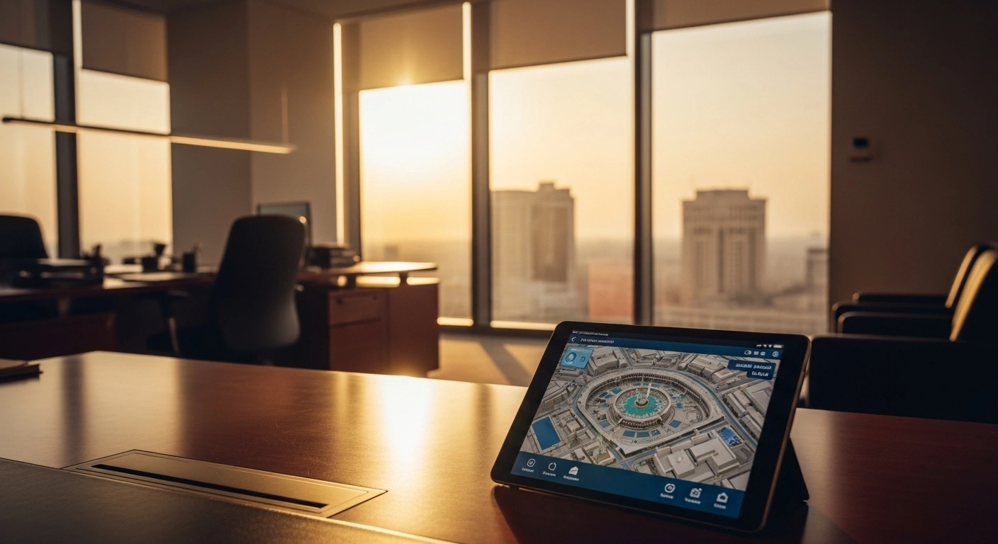 A professional office setting in Saudi Arabia represents the regulatory oversight of Hajj and Umrah service companies regarding visa compliance.
