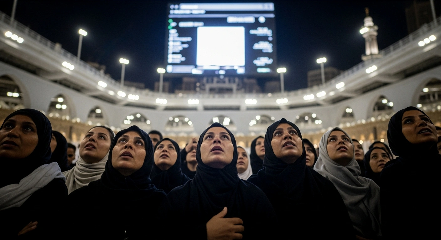 A diverse group of pilgrims looking towards a soft digital glow, symbolizing the issuance of electronic Hajj visas for 2026 by Saudi Arabia's Ministry of Hajj and Umrah through the digital Nusuk platform, reflecting the accelerated timeline under Vision 2030.