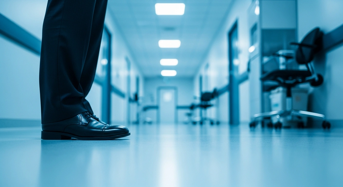 A professional inspector stands in a modern medical facility during a Saudi Ministry of Health regulatory inspection to ensure compliance with national standards.