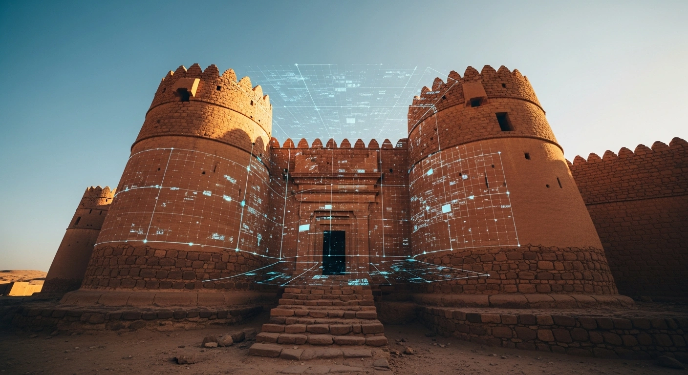 A digital visualization shows an ancient Saudi Arabian architectural heritage site being scanned and documented for a national digital database.