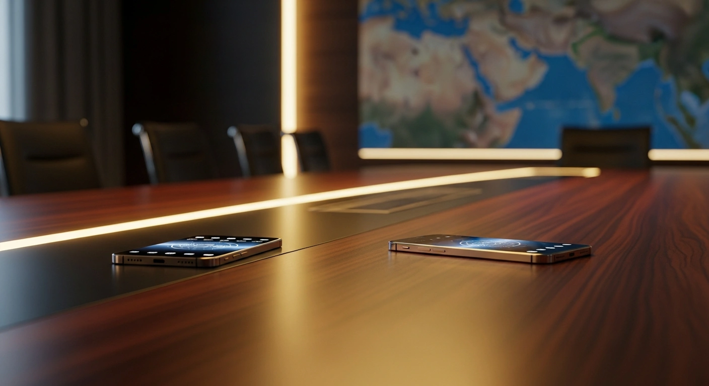 Two smartphones rest on a polished table, representing the diplomatic telephone conversation between Saudi Crown Prince Mohammed bin Salman and Indian Prime Minister Narendra Modi regarding regional security.