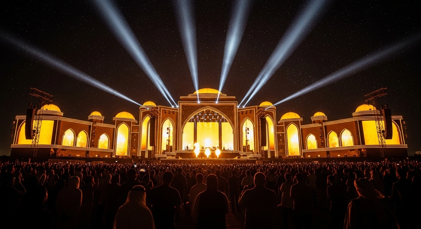 A magnificent, futuristic concert stage with modern LED screens and Arabian architectural motifs under a star-filled desert sky, symbolizing Saudi Arabia hosting the Intervision Song Contest in 2026 to boost tourism and cultural exchange.