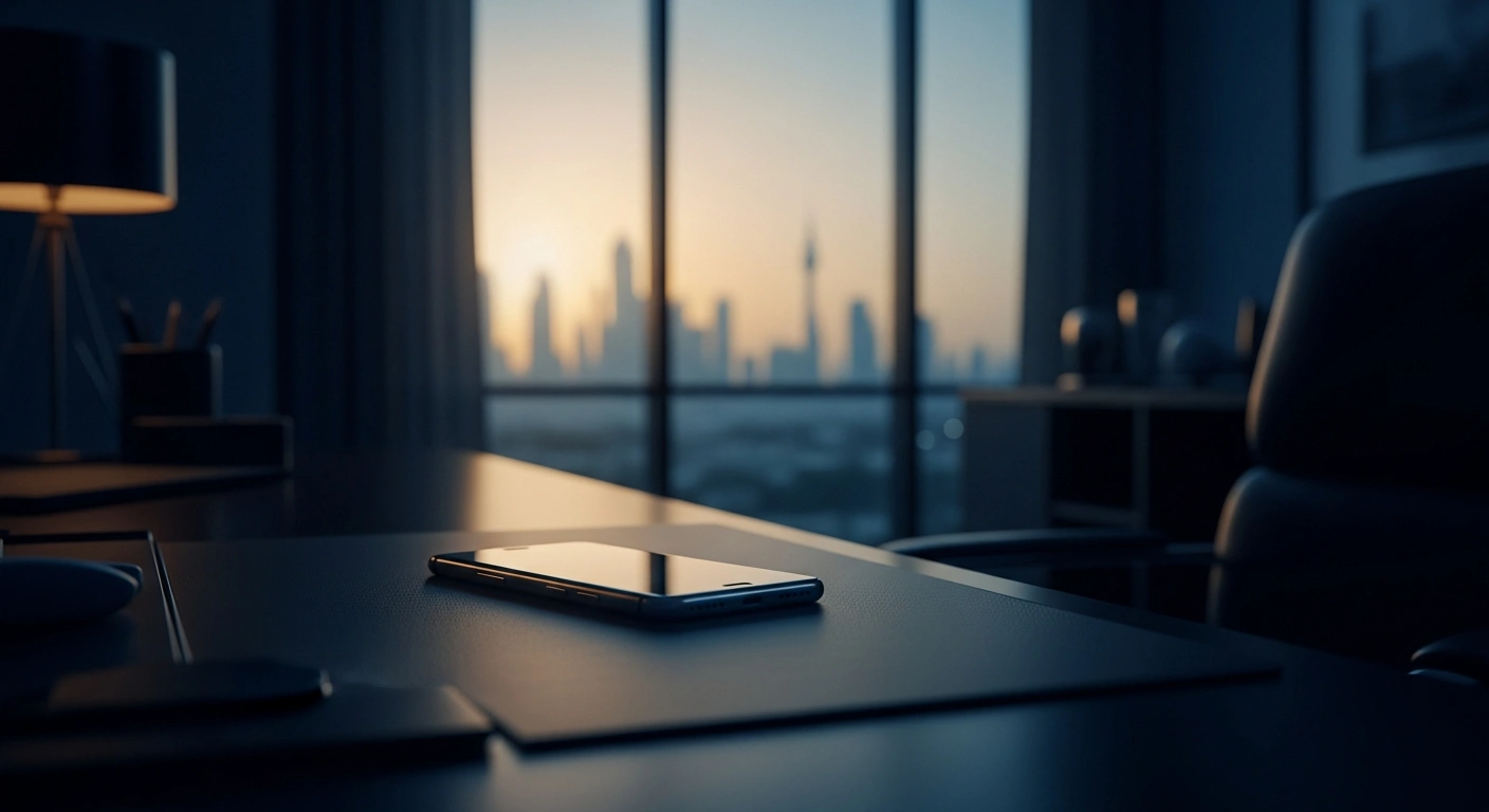 A modern smartphone rests on a desk during a diplomatic telephone conversation between Saudi and Iranian officials to discuss regional security.