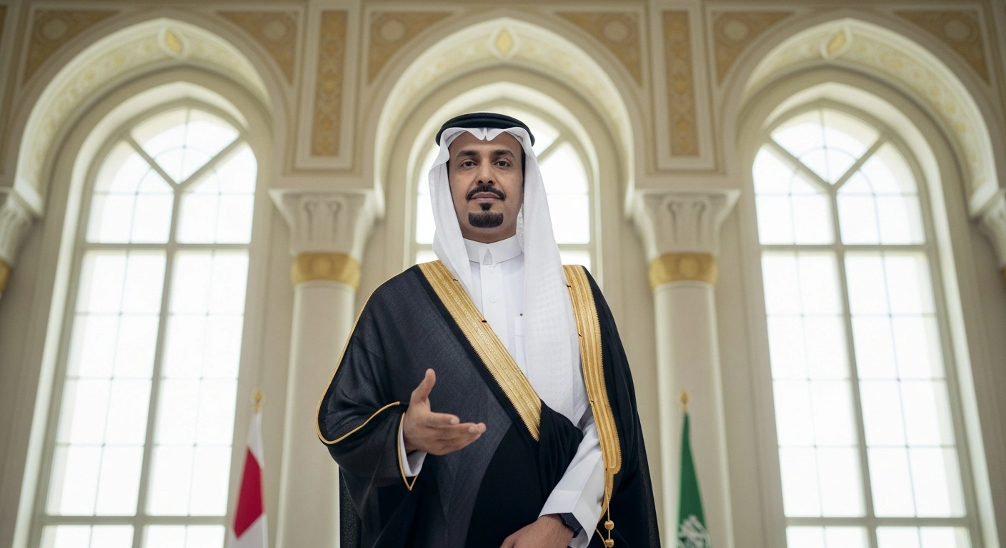 A high-ranking Saudi official, dressed in traditional thobe and ghutra, stands in a grand diplomatic hall, gesturing calmly to convey denial of urging the US to attack Iran and reiterating support for a peaceful resolution, while emphasizing Saudi Arabia's neutrality and refusal to allow its territory for military action.