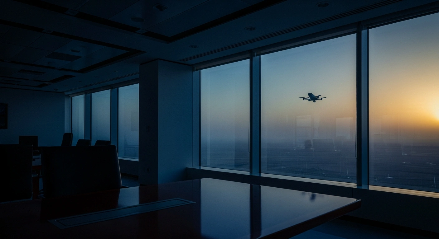 A diplomatic office in Riyadh overlooks a desert landscape as a drone flies in the distance, representing Saudi Arabia's protest against aerial incursions from Iraq.