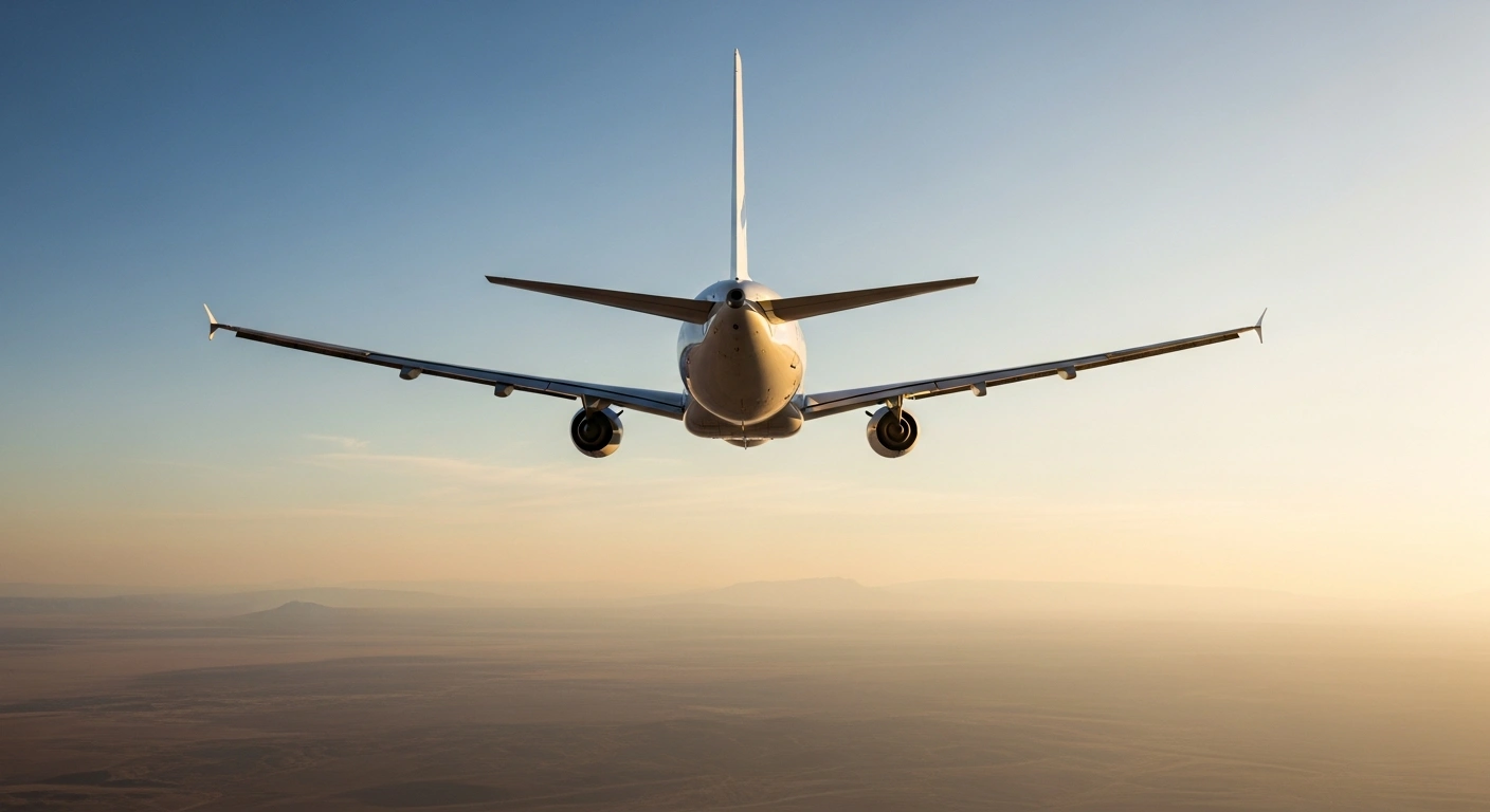 A commercial airliner flies over a desert landscape, representing the new flight route between Amman and Sanaa supported by Saudi Arabia to aid Yemeni citizens.