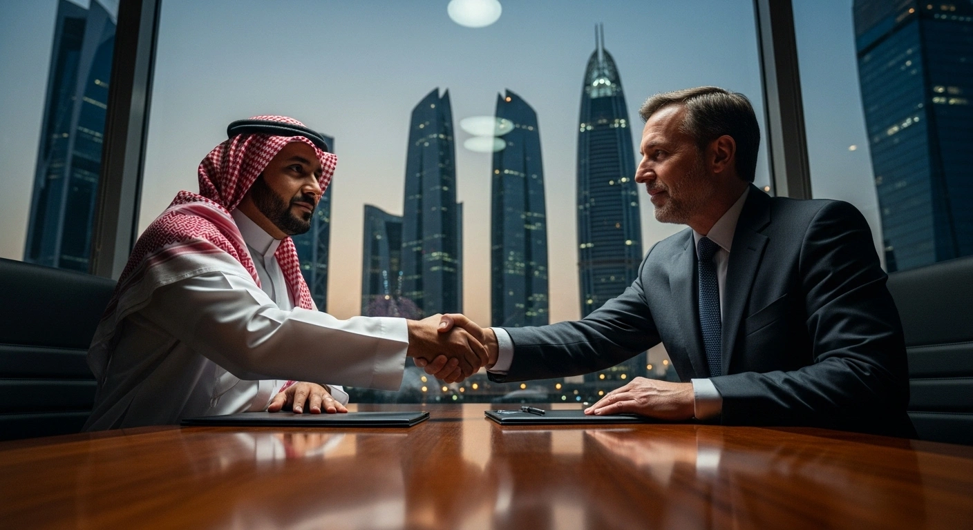 Saudi National Guard Minister Prince Abdullah bin Bandar and South Korean Minister of National Defense Ahn Gyu-back are shaking hands across a polished table, with a blurred modern Riyadh skyline at dusk in the background, symbolizing their discussions on enhancing bilateral military and defense industry cooperation aligned with Saudi Vision 2030.