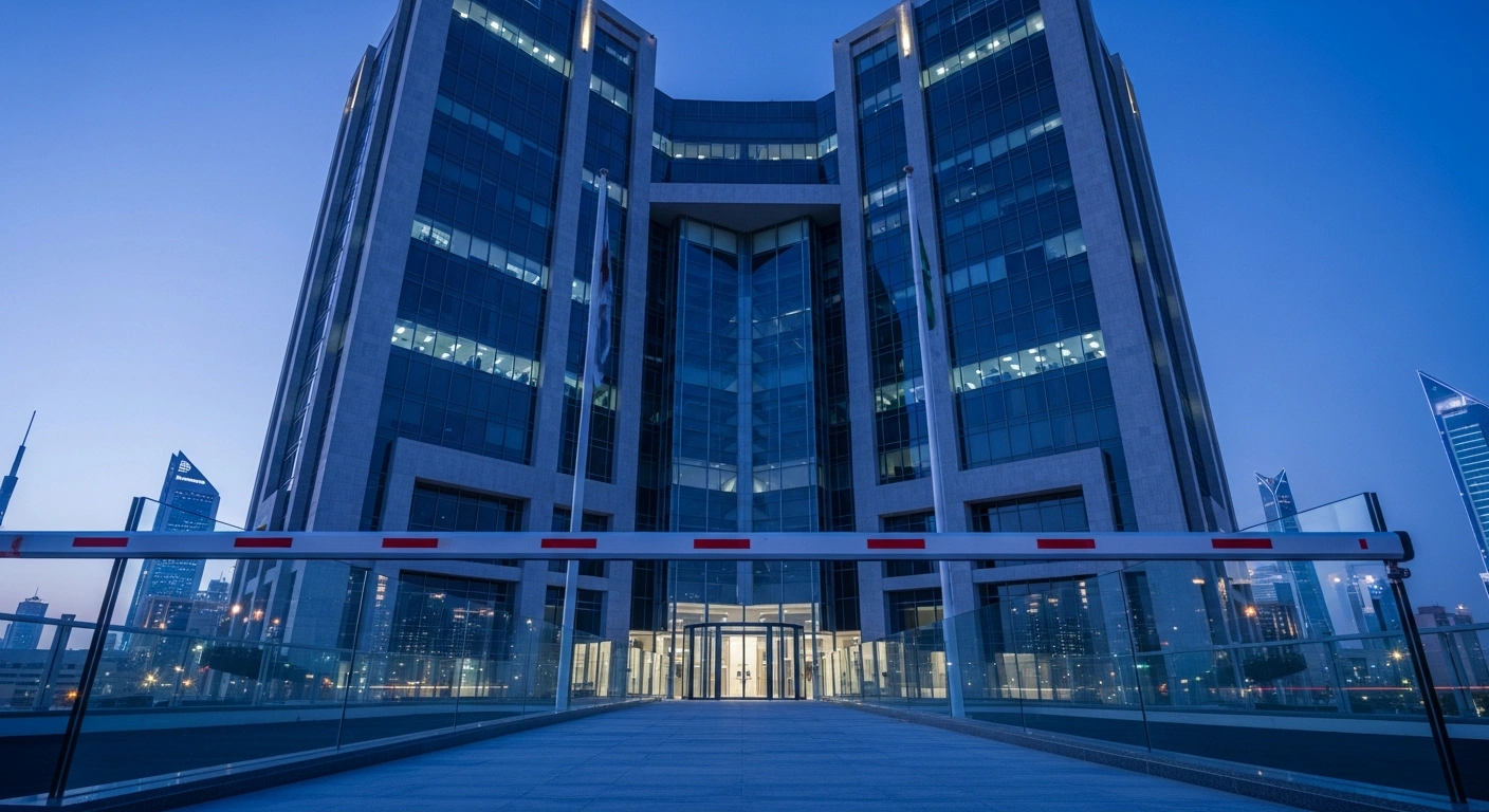 A modern corporate building in Saudi Arabia represents the new labor regulation compliance measures enforced by the Ministry of Human Resources and Social Development.