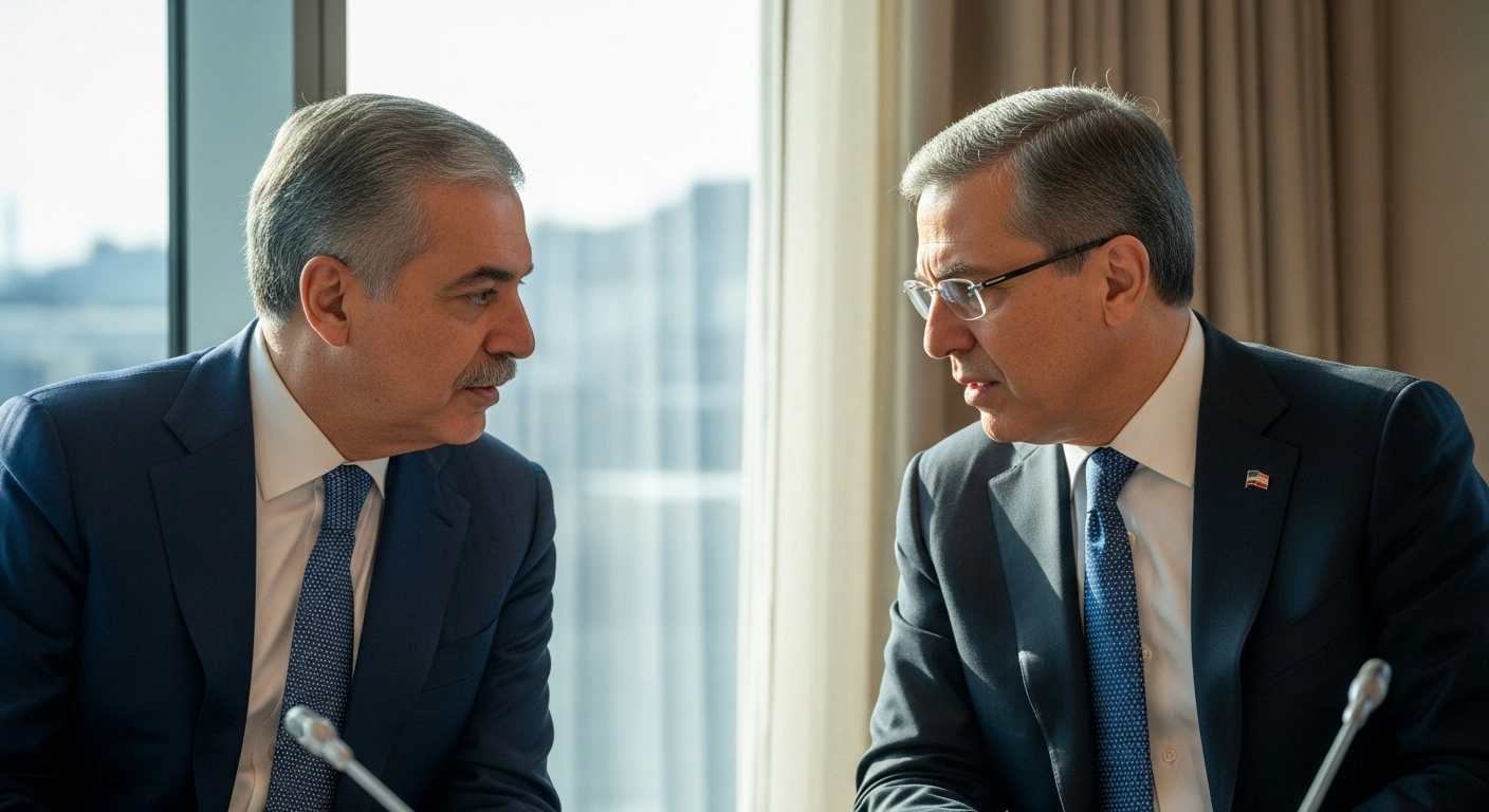 Saudi Foreign Minister Prince Faisal bin Farhan and Lebanese Prime Minister Dr. Nawaf Salam are depicted in a medium shot, engaged in a serious, high-level discussion in a modern conference room at the World Economic Forum in Davos, focusing on strengthening bilateral relations and regional developments.