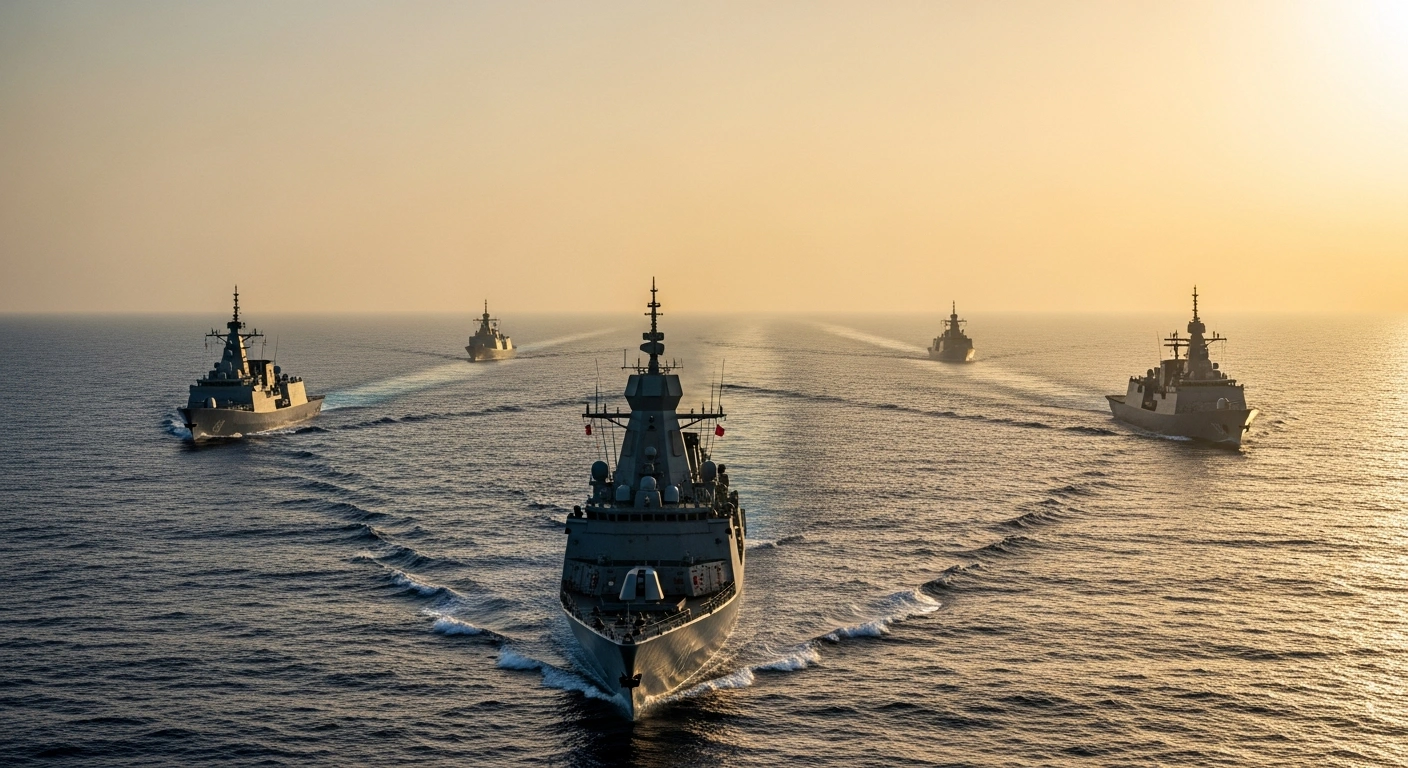 A coalition of international naval warships patrols the Red Sea to protect commercial shipping lanes from maritime threats.