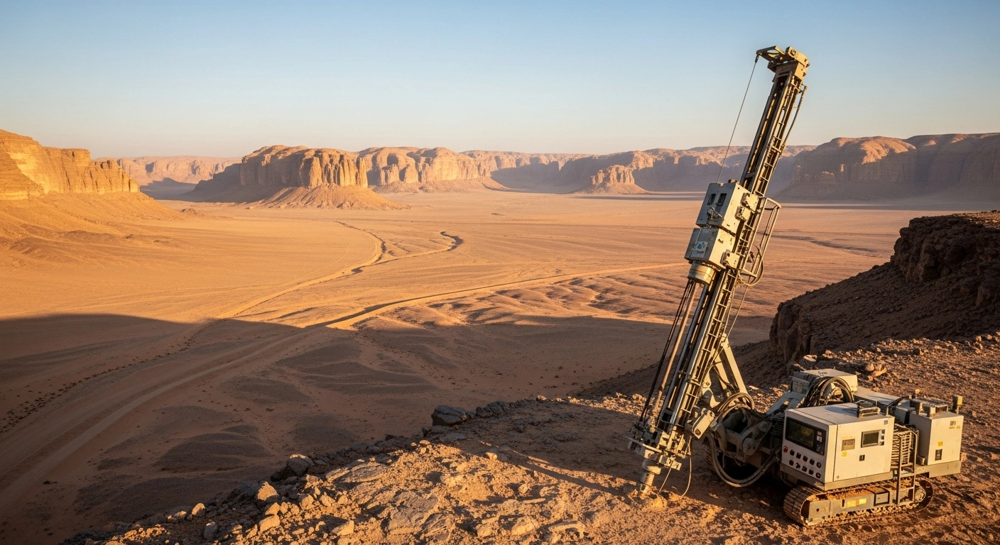 A wide shot of a powerful, state-of-the-art mineral exploration drill on a rocky plateau in the vast, sun-drenched Saudi desert at golden hour, symbolizing Saudi Arabia's Vision 2030 and its efforts to diversify its economy by exploring critical minerals for the global energy transition.