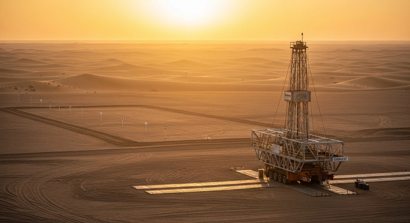 A cinematic drone shot captures a cutting-edge geological exploration rig in the vast, golden Saudi Arabian desert at dawn, symbolizing the Kingdom's $179.3 million Exploration Enablement Program to boost its mining sector across 38 license areas.