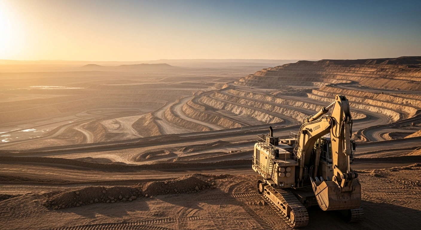 A vast, modern open-pit mining operation in the Saudi Arabian desert, illuminated by the golden hour sun, featuring a large excavator and terraced levels of unearthed minerals, symbolizing the streamlined mining licensing process and the Kingdom's $2.5 trillion mineral wealth as part of Vision 2030 economic diversification.