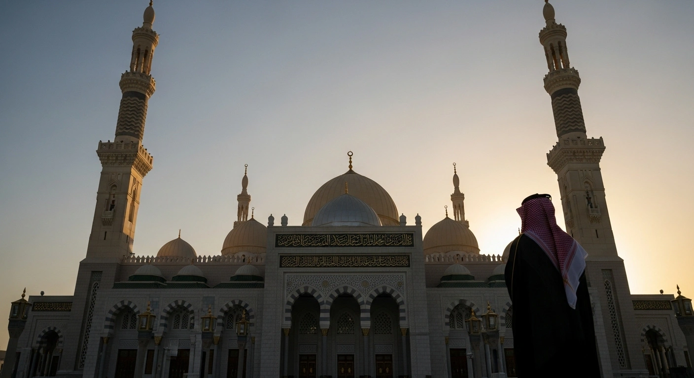 A distinguished figure, representing Saudi Minister Dr. Abdullatif bin Abdulaziz Al-Sheikh, stands before a newly completed grand mosque in Madinah, symbolizing the inauguration of over $105 million in development projects, including 87 new mosques and extensive maintenance to enhance services for worshippers.