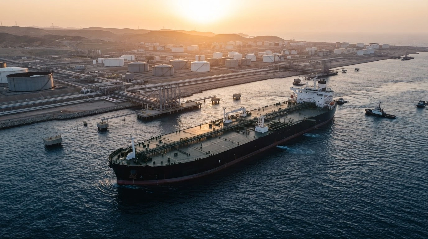 A large oil tanker departs from a Saudi Arabian Gulf coast terminal to transport crude oil amidst regional energy infrastructure shifts.