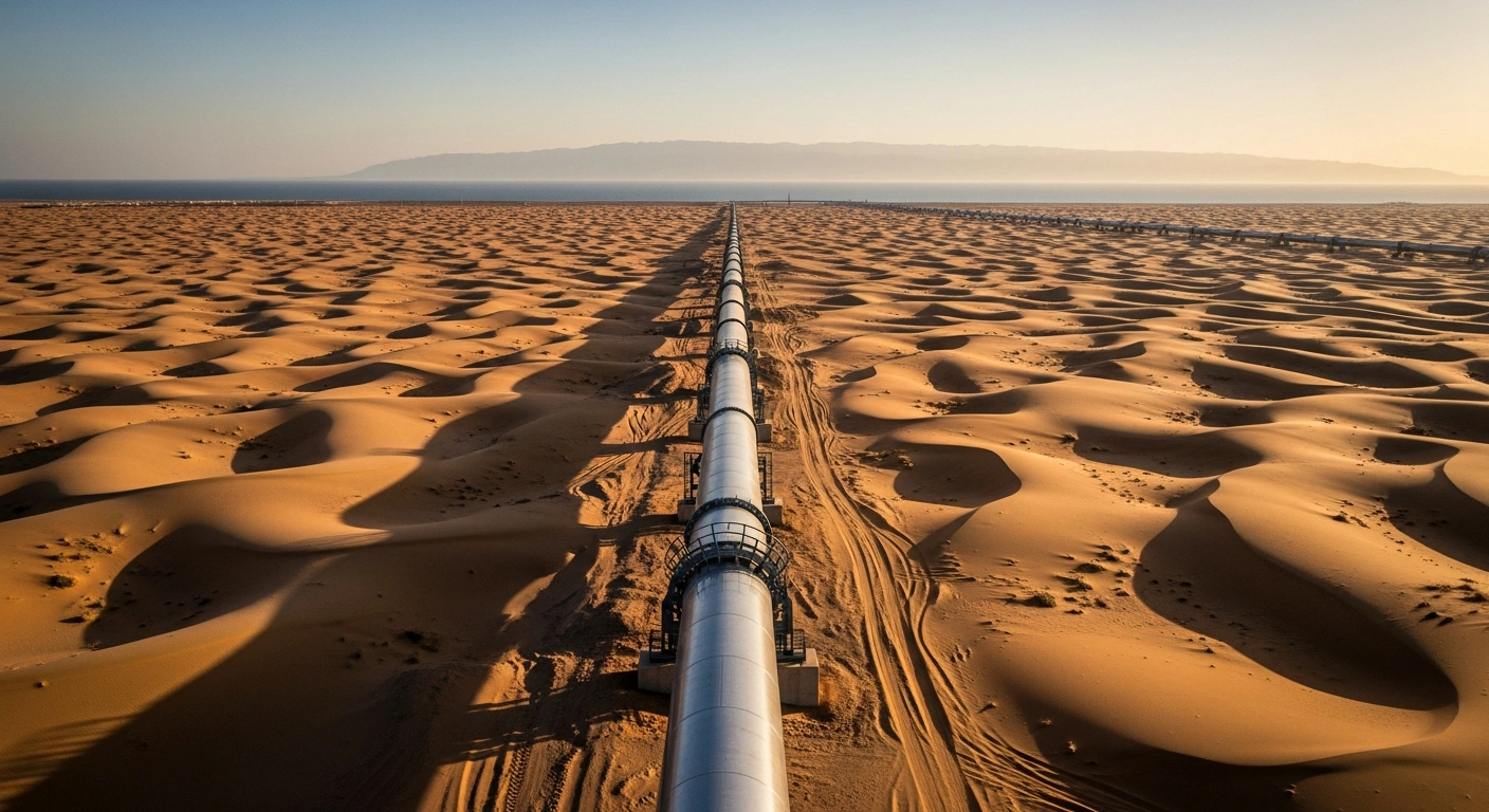 A massive crude oil pipeline stretches across the Saudi Arabian desert toward the Red Sea to bypass the Strait of Hormuz.