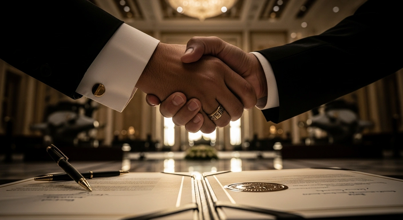 A close-up, low-angle shot shows two hands, one with a traditional ring, shaking over a signed Strategic Mutual Defense Agreement document in a grand Riyadh hall, symbolizing the pact between Saudi Arabia and nuclear-armed Pakistan on September 17, 2025.