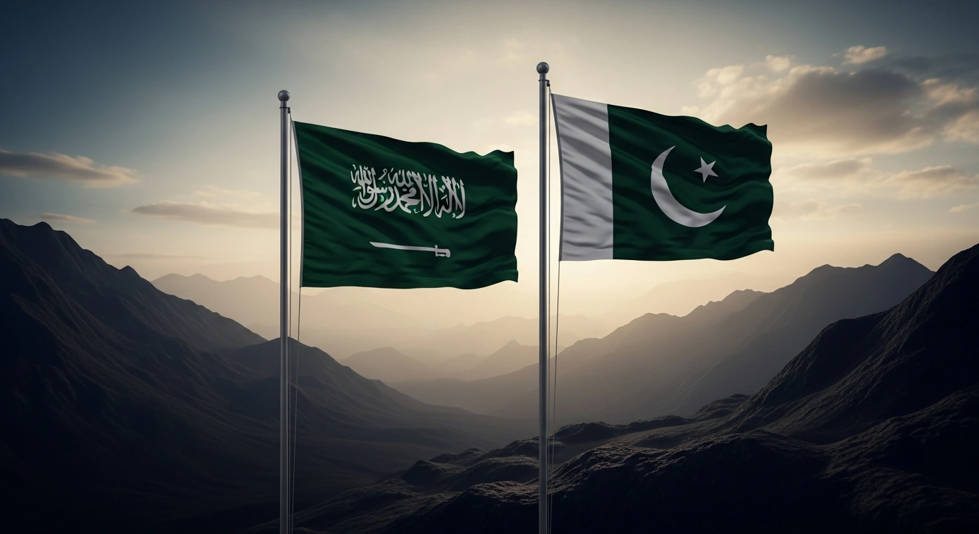 The national flags of Saudi Arabia and Pakistan wave together against a somber twilight sky to represent diplomatic solidarity following the attacks in Balochistan.