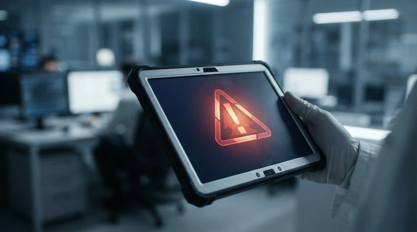 A digital tablet displays a warning symbol in a sterile office as the Saudi Food and Drug Authority monitors illegal online peptide sales.