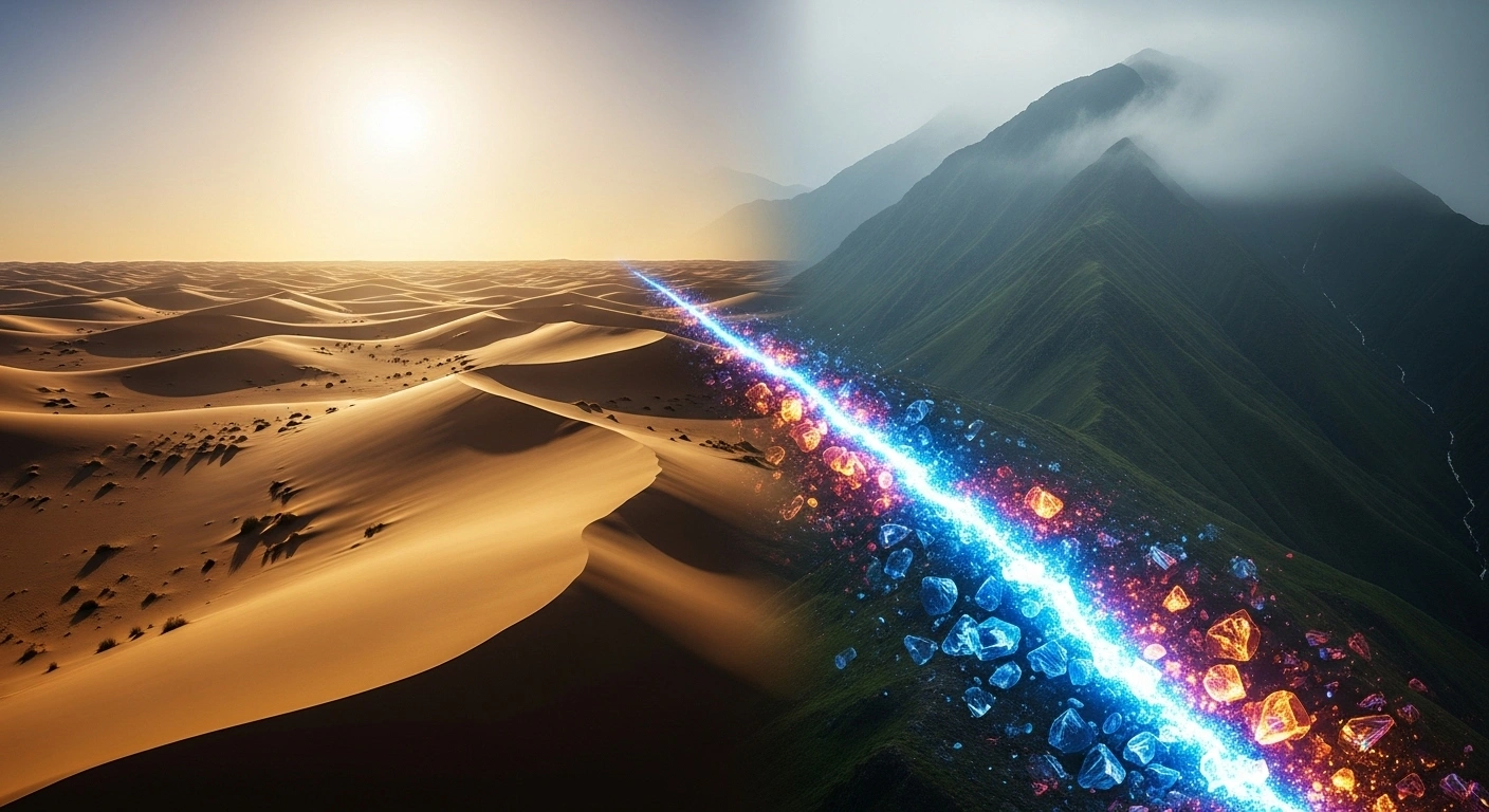 A photorealistic image depicting a vast, golden desert landscape merging with a rugged, mist-shrouded mountain range, connected by glowing veins of critical minerals like lithium and copper, symbolizing the strategic mining partnership between Saudi Arabia and Peru for global supply chains and economic diversification.