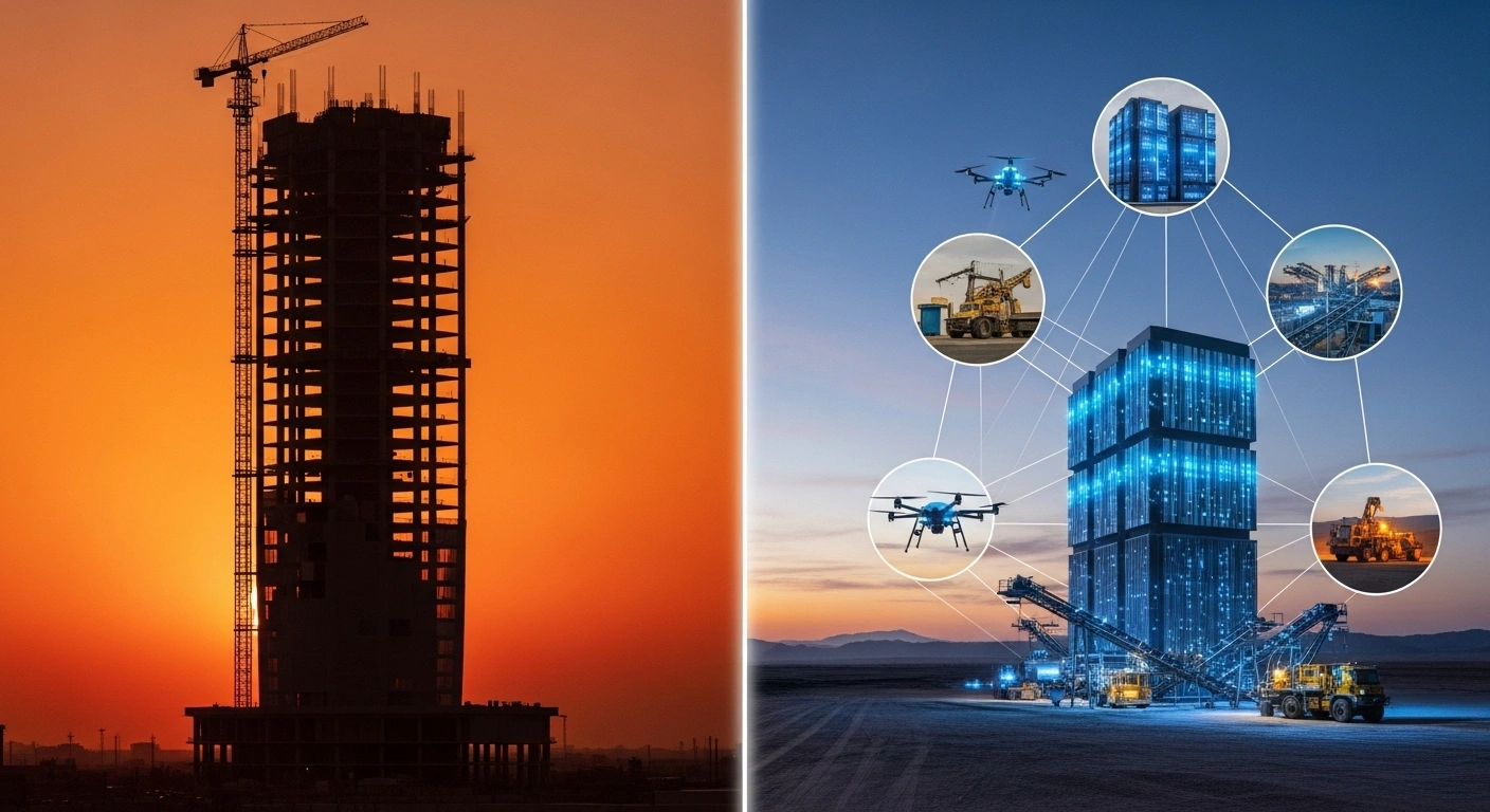 A visual metaphor illustrating Saudi Arabia's Public Investment Fund's strategic shift, depicting an unfinished, colossal real estate gigaproject on one side and a dynamic network of modern sectors like logistics, mineral exploitation, religious tourism, AI, and data centers on the other.