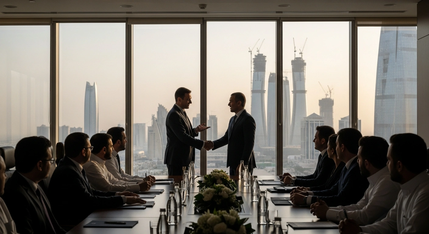 Two business professionals, representing Saudi Arabia's Public Investment Fund (PIF) and JLL, shake hands in a modern Riyadh office with a futuristic cityscape visible through a window, symbolizing their MoU to bolster the Kingdom's real estate industry and support Vision 2030.